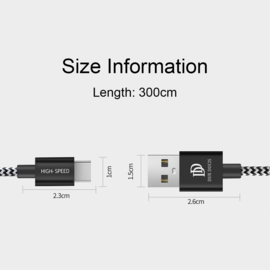 USB C - Oplader en Data USB 2.0 Kabel voor Samsung Galaxy Serie  300cm Zwart-Wit