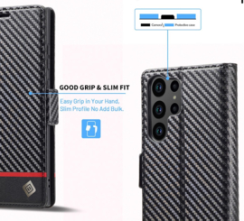Luxe BoekCover Hoes Etui voor Samsung Galaxy S26 ULTRA -   Zwart   -  Rood  -  Carbon