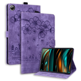 Luxe Bescherm-Etui Hoes Map voor Samsung Galaxy Tab A9 - 8.7  -    Bloemen en Kat - Paars