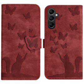 BookCover Etui Hoes voor Samsung Galaxy A15  -  Rood  - Vlinders en Kat - Reliëf