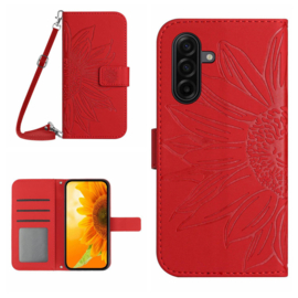 Hoes - Etui - Tas voor Samsung Galaxy A57  - Met Schouder - Draagkoord -  Rood -  Zonnebloem Reliëf
