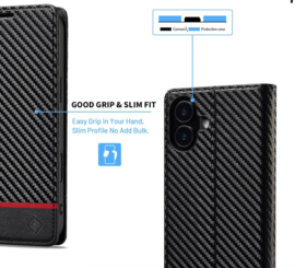 Luxe BoekCover Hoes Etui voor Apple iPhone 17 -   Zwart   -  Rood  -  Carbon