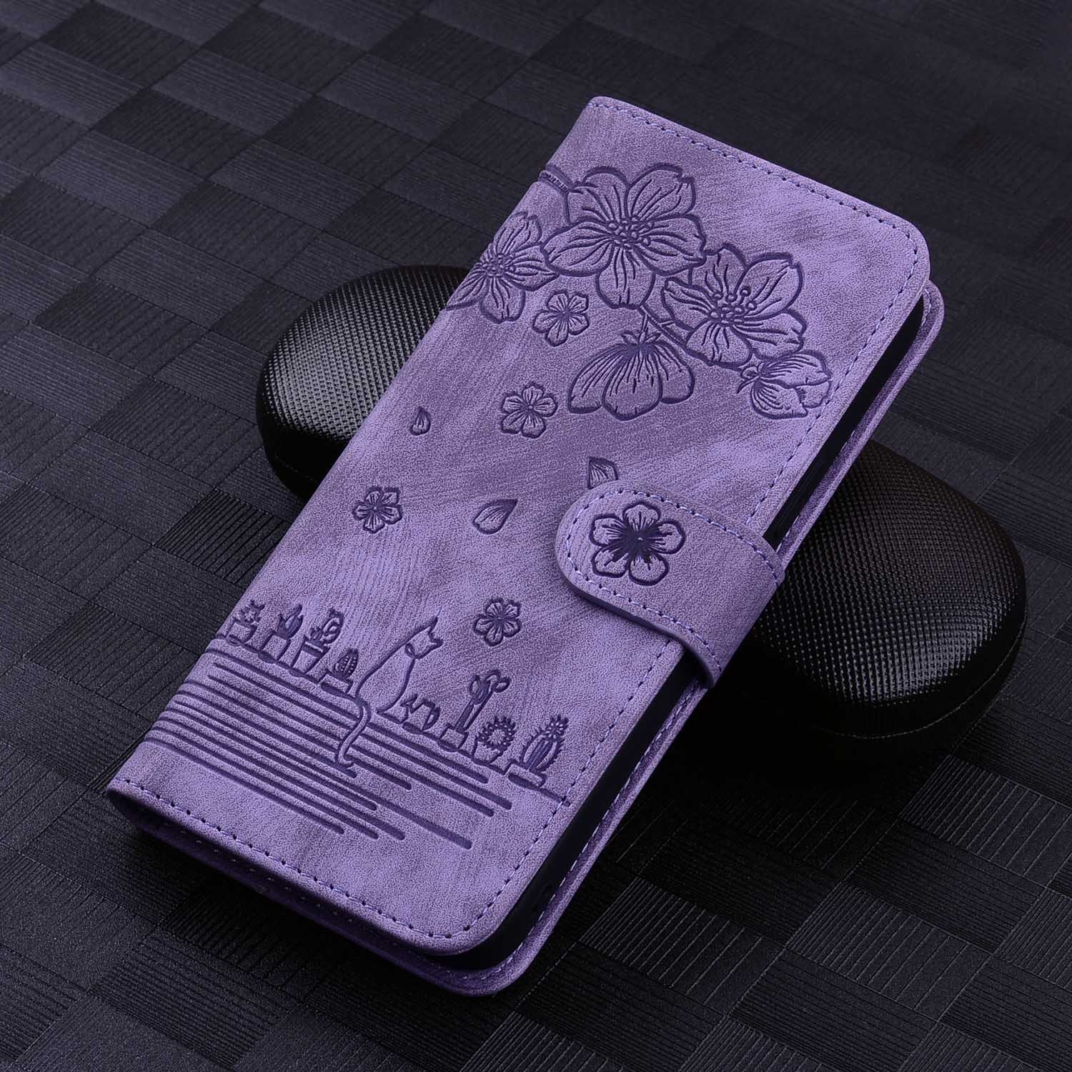 BookCover Hoes Etui voor Samsung Galaxy S24   -  Paars  - Bloemen Kat - Reliëf