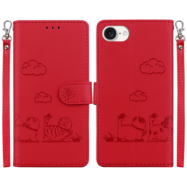 BookCover Hoes Etui voor Apple iPhone 16e -  Rood  -  Cartoon Cats - Kat - Reliëf