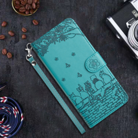 BookCover Hoes Etui voor Samsung Galaxy A55  -  Turquoise  - Katten op muurtje - Reliëf