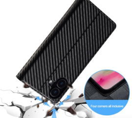 Luxe BookCover Hoes Etui voor iPhone 16  -  Zwart-Rood-Carbon
