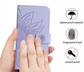Hoes - Etui - Tas voor Samsung Galaxy S24 FE   Met Schouder - Draagkoord -  Lila -  Zonnebloem Reliëf
