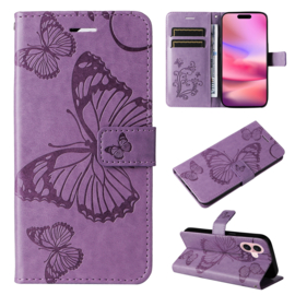 PU Boek-Cover Hoes Etui voor iPhone 16    Paars    Vlinders