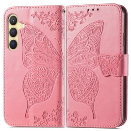 PU BoekCover Hoes Etui voor Samsung Galaxy A36 - A56   Roze  -  Vlinder. Reliëf