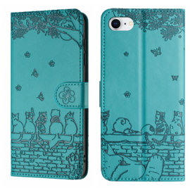 BookCover Hoes Etui voor Apple iPhone 16e  -  Turquoise  - Katten op muurtje - Reliëf