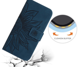 Hoes - Etui - Tas voor Samsung Galaxy A55  - Met Schouder - Draagkoord -  Blauw Zonnebloem Reliëf