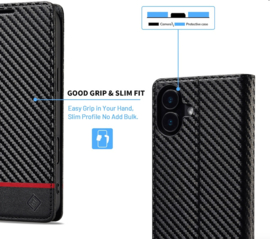 Luxe BookCover Hoes Etui voor iPhone 16 PLUS -  Zwart-Rood-Carbon - V2