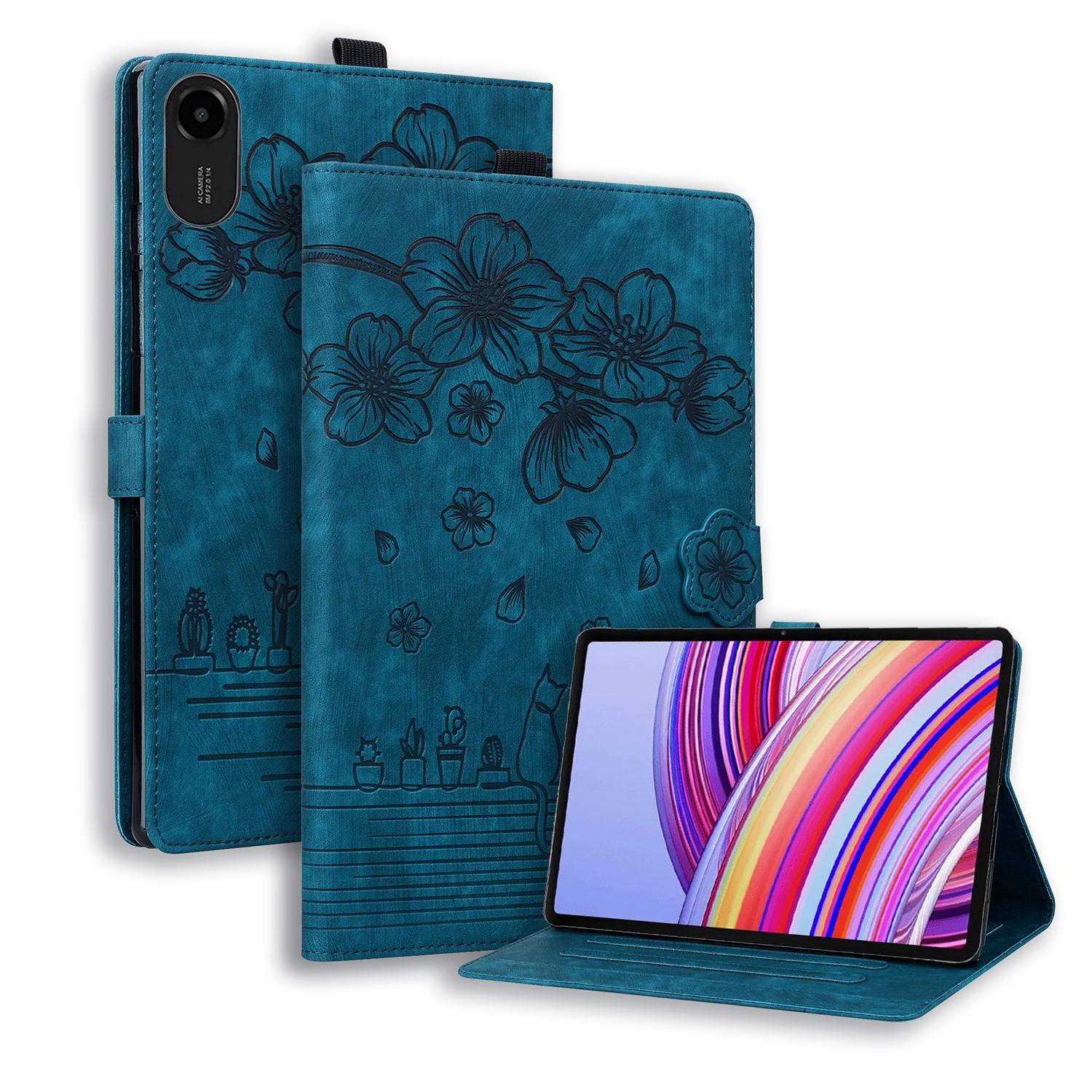 Bescherm-Etui Hoes Map voor Xiaomi Redmi Pad 2 - 11  -   Bloemen en Kat -  Blauw
