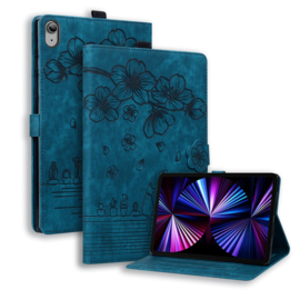 Luxe Bescherm-Etui Hoes Map voor Apple iPad 10 - 11 -  A16 - 10.9 -    Bloemen en Kat -  Blauw