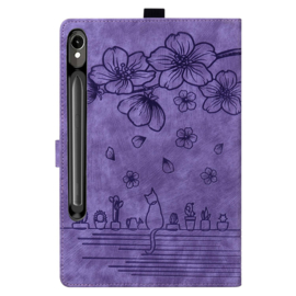 Bescherm-Etui Hoes Map voor Samsung Galaxy Tab S10 FE PLUS - 13.1 - Bloemen en Kat -  Paars
