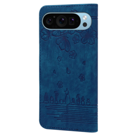 BookCover Hoes Etui voor Google Pixel 9 - 9 Pro - 10 - 10 Pro  -  Blauw - Bloemen Kat - Reliëf