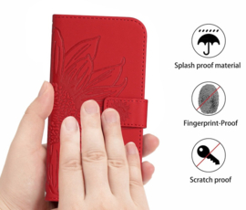 Hoes - Etui - Tas voor Samsung Galaxy A57  - Met Schouder - Draagkoord -  Rood -  Zonnebloem Reliëf