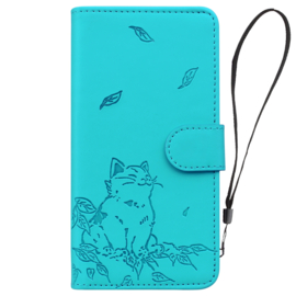 BookCover Hoes Etui voor Samsung Galaxy S24  -  S25 Turquoise  -  Cute Cat - Kat - Reliëf