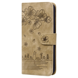 BookCover Hoes Etui voor Apple iPhone 16e  - 17e -  Paars - Bloemen Kat - Reliëf