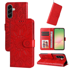 PU BoekCover Hoes Etui voor Samsung Galaxy A57   Rood   -  Bloem-Motief in Reliëf