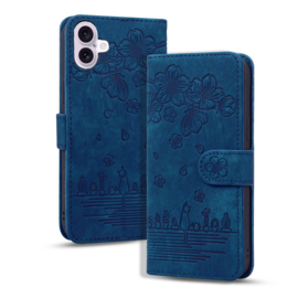 BookCover Hoes Etui voor iPhone 16  -  Blauw  - Bloemen Kat - Reliëf