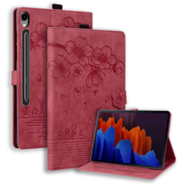 Luxe Bescherm-Etui Hoes Map voor Samsung Galaxy Tab S9 FE  -  S10 FE - 10.9 -    Bloemen en Kat -  Rood