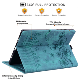 Luxe Bescherm-Etui Hoes Map voor Samsung Galaxy Tab S9 FE - S10 FE - 10.9 -    Bloemen en Kat -  Groen