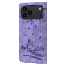BookCover Hoes Etui voor Apple iPhone 17 PRO -  Paars - Bloemen Kat - Reliëf