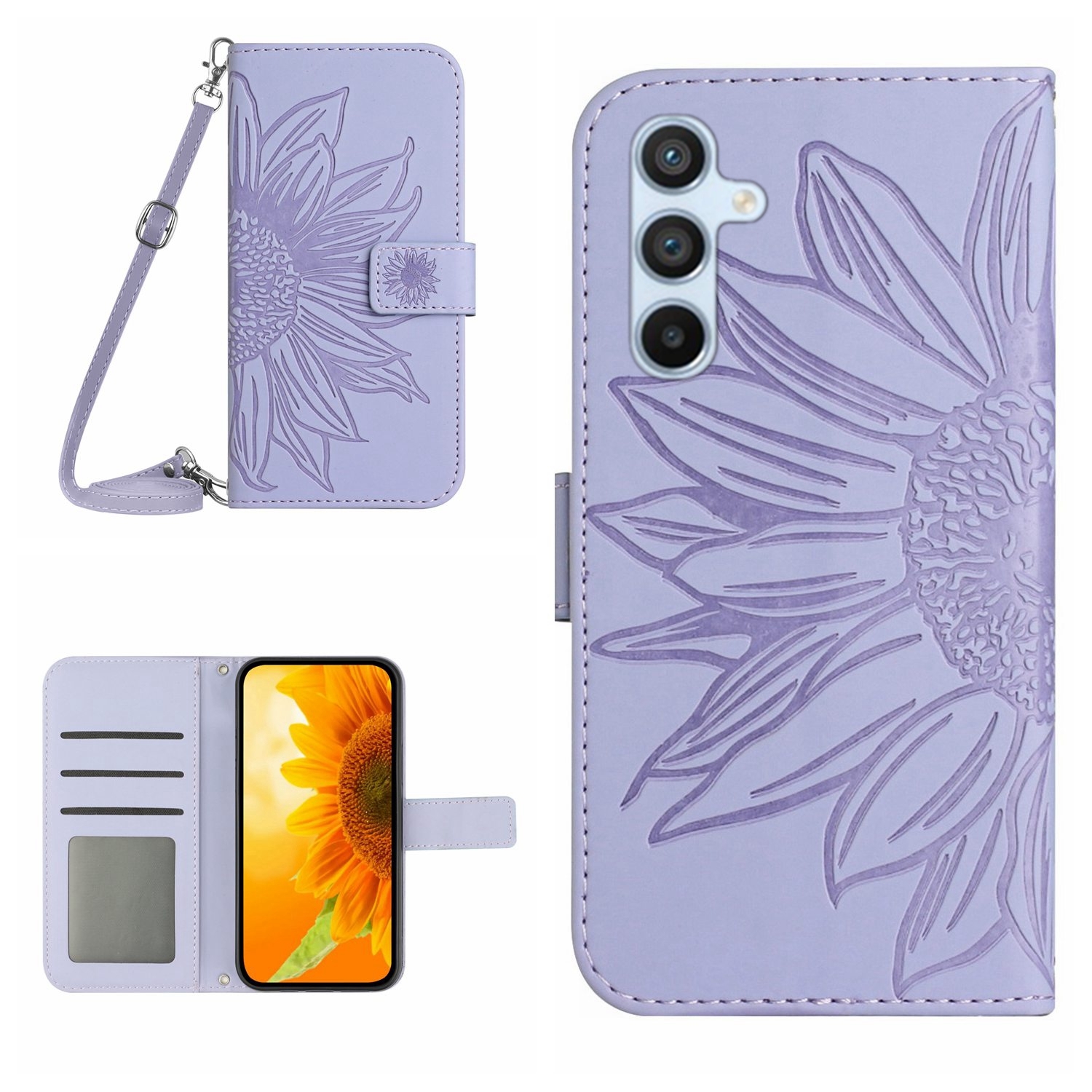 Hoes - Etui - Tas voor Samsung Galaxy A16  - A17 - A26  Met Schouder - Draagkoord -  Lila / Paars  -  Zonnebloem Reliëf