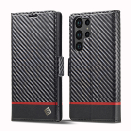 Luxe BookCover Hoes Etui voor Samsung Galaxy S25 Ultra -  Zwart Rood Carbon  *V2