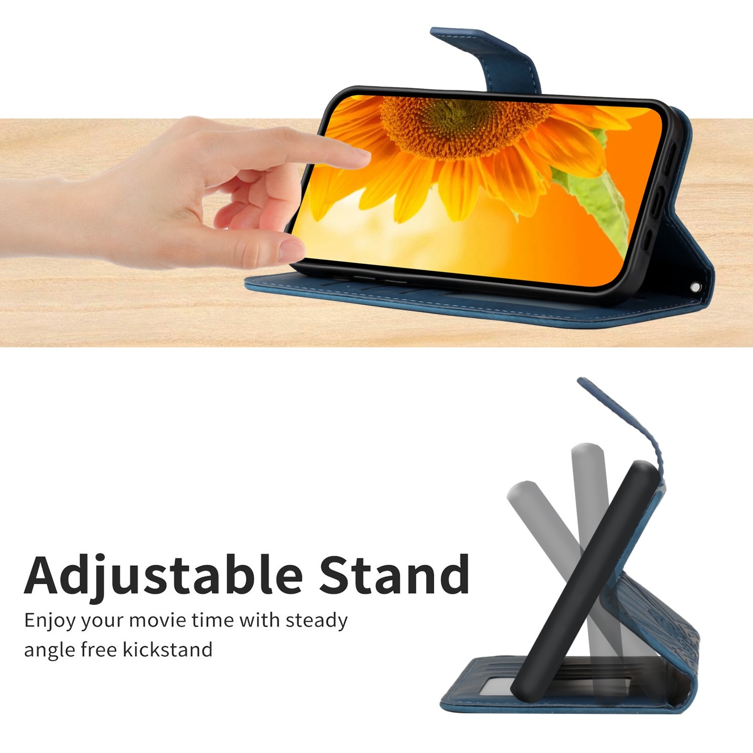 Hoes - Etui - Tas voor Samsung Galaxy A36  -  A56   Met Schouder - Draagkoord -  Donker-Blauw -  Zonnebloem Reliëf
