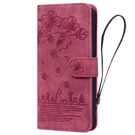 BookCover Hoes Etui voor Samsung Galaxy A16  -  A26  Rood - Bloemen Kat - Reliëf