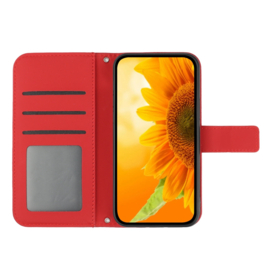 Hoes - Etui - Tas voor Samsung Galaxy S24 FE   Met Schouder - Draagkoord -  Rood -  Zonnebloem Reliëf