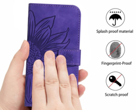 Hoes - Etui - Tas voor Samsung Galaxy A37 - A36  -  A56   Met Schouder - Draagkoord -  Blauw -  Zonnebloem Reliëf