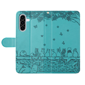 BookCover Hoes Etui voor Samsung Galaxy A56 - A36  -  Turquoise  - Katten op Muurtje - Reliëf