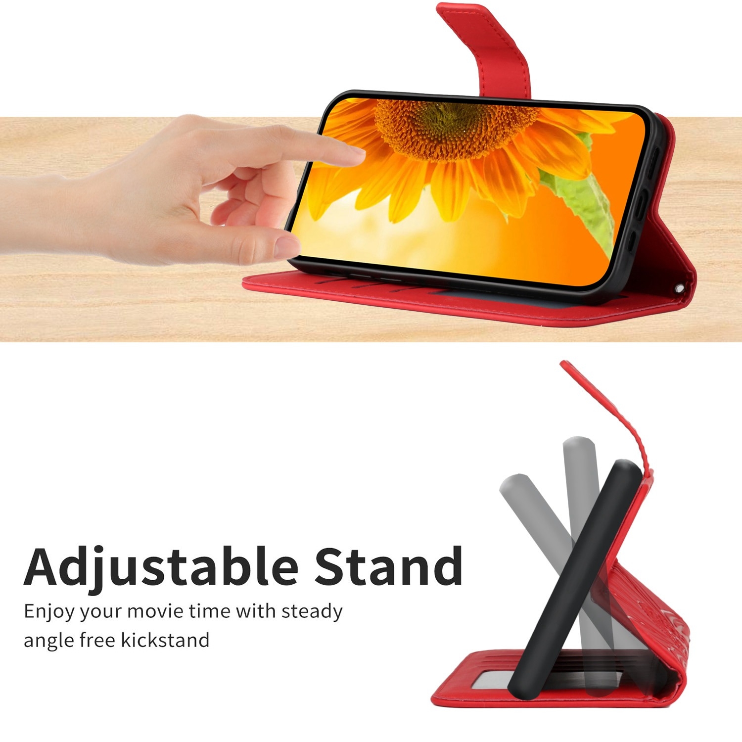 Hoes - Etui - Tas voor Samsung Galaxy A36  -  A56   Met Schouder - Draagkoord -  Rood -  Zonnebloem Reliëf