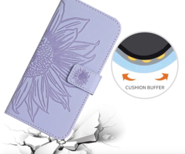 Hoes - Etui - Tas voor Samsung Galaxy S24 FE   Met Schouder - Draagkoord -  Lila -  Zonnebloem Reliëf