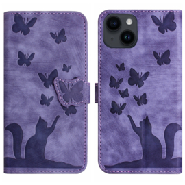 BookCover Etui Hoes voor iPhone 15  -  Paars - Vlinders en Kat - Reliëf