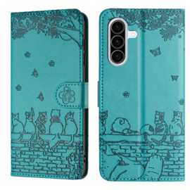 BookCover Hoes Etui voor Samsung Galaxy A56 - A36  -  Turquoise  - Katten op Muurtje - Reliëf