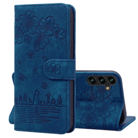 BookCover Hoes Etui voor Samsung Galaxy S24 FE  -  Blauw - Bloemen Kat - Reliëf