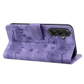 BookCover Hoes Etui voor Samsung Galaxy A36 - A56  -  Paars - Bloemen Kat - Reliëf