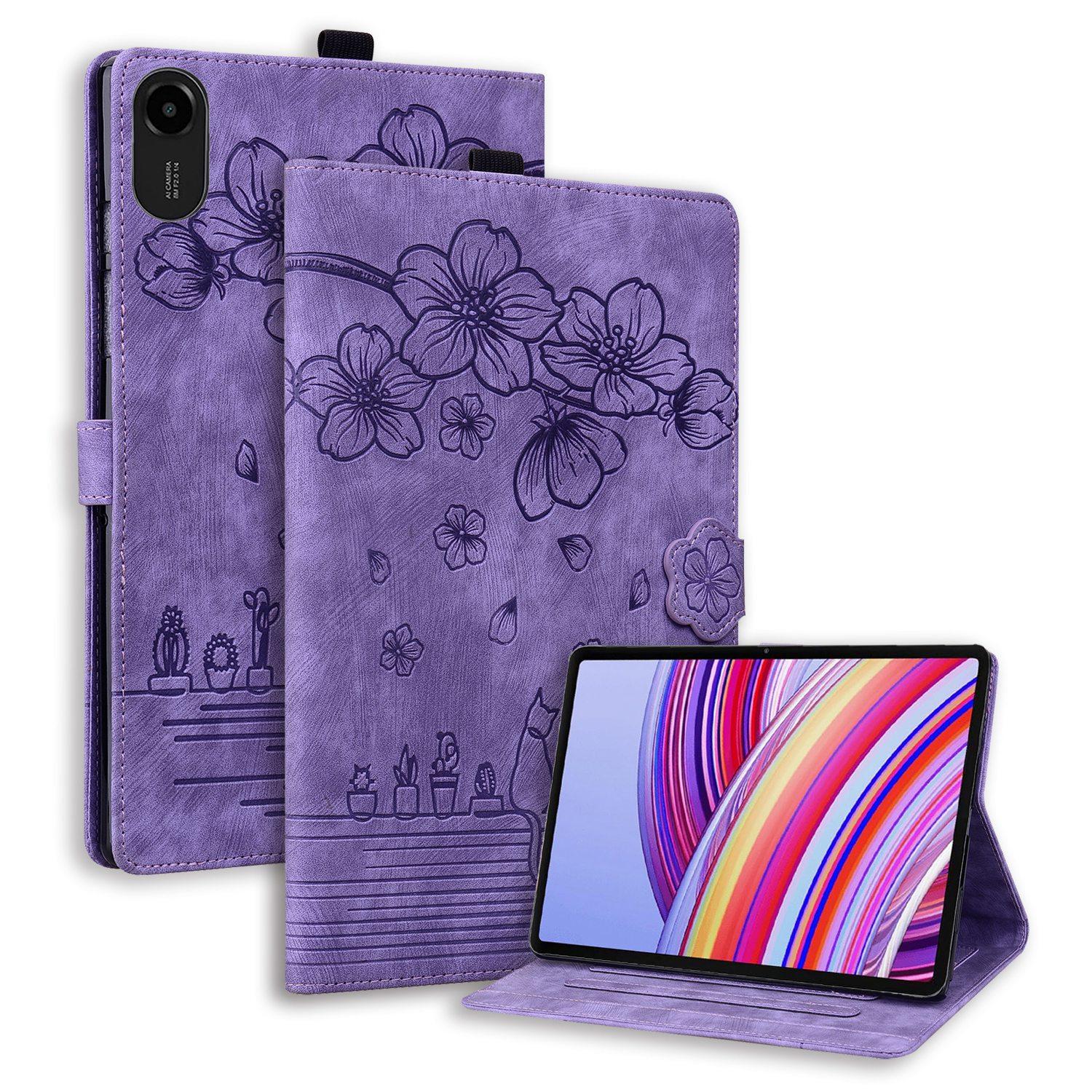 Bescherm-Etui Hoes Map voor Xiaomi Redmi Pad 2 - 11  -   Bloemen en Kat -  Paars