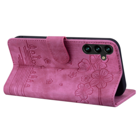 BookCover Hoes Etui voor Samsung Galaxy S24 FE  -  Paars - Bloemen Kat - Reliëf