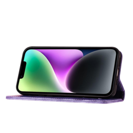 BookCover Etui Hoes voor iPhone 15  -  Paars - Vlinders en Kat - Reliëf