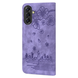 BookCover Hoes Etui voor Samsung Galaxy A36 - A56  -  Paars - Bloemen Kat - Reliëf