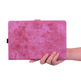 Bescherm-Etui Hoes Map voor Samsung Galaxy Tab S10 FE PLUS - 13.1 - Bloemen en Kat -  Roze