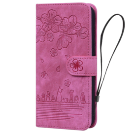 BookCover Hoes Etui voor Samsung Galaxy A36 - A56  -  Roze - Bloemen Kat - Reliëf