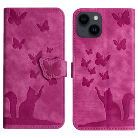 BookCover Etui Hoes voor iPhone 15  -  Roze  - Vlinders en Kat - Reliëf