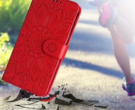 PU BoekCover Hoes Etui voor Samsung Galaxy A57   Rood   -  Bloem-Motief in Reliëf