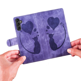 BoekCover Hoes Etui voor Samsung Galaxy A56 - A36  -  Kat en Hart  - Paars  - Reliëf